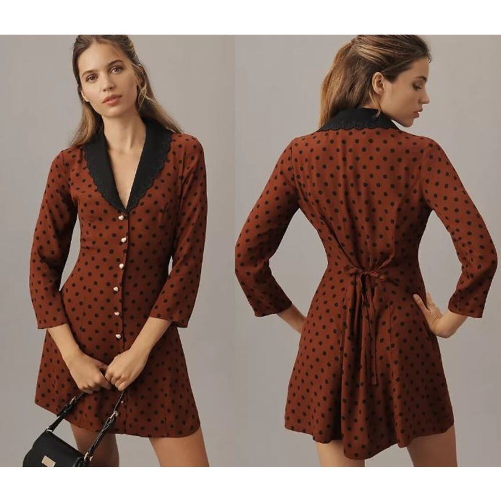 NEW Reformation Galena Polka Dot Mini Dress Button-Front Brown Pattern Size 6